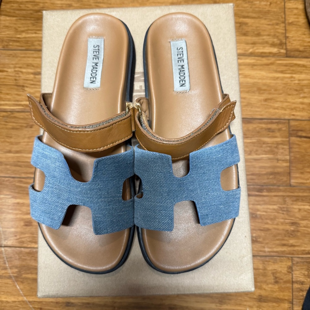 Steve Madden Mayven Denim and Tan Slide Sandals